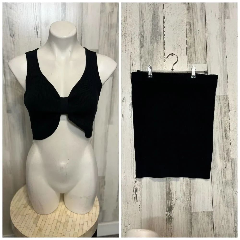 Almost Famous Black Ribbed Knit 2-Piece Set Crop Top & Skirt Size 1X NWT